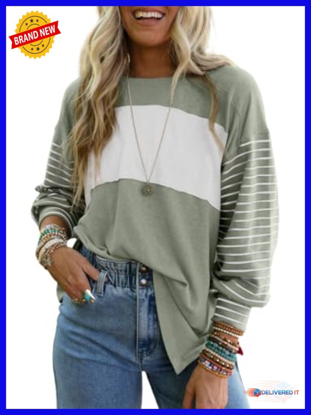 Oversized Color Block Long Sleeve Tunic Top Polyester Stretchable